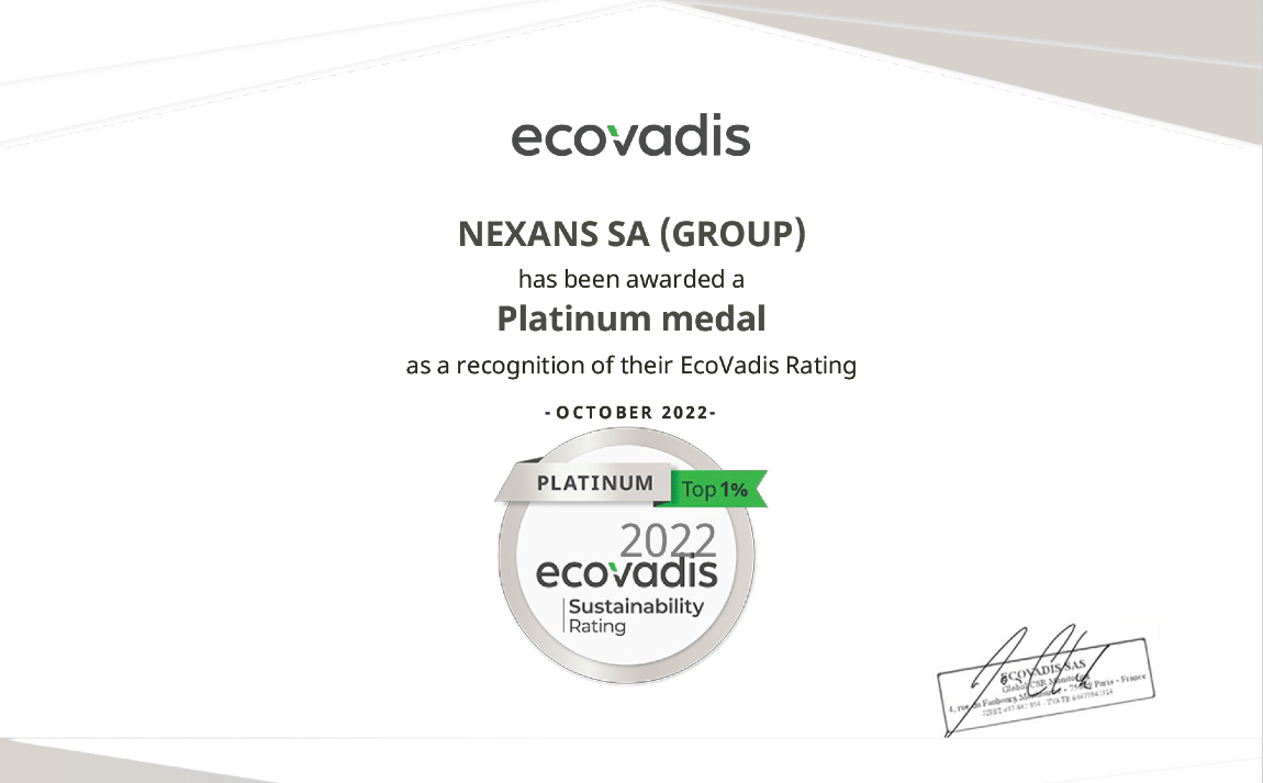 – et diplom som gir Berggård Amundsen Platinum i EcoVadis, der det står følgende på engelsk: «Nexans SA (Group) has been awarded a Platinum medal as a recognition of their EcoVadis Rating, October 2022».
